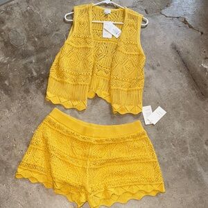 A New Day Vintage Inspired Golden Yellow Crochet Vest and Shorts